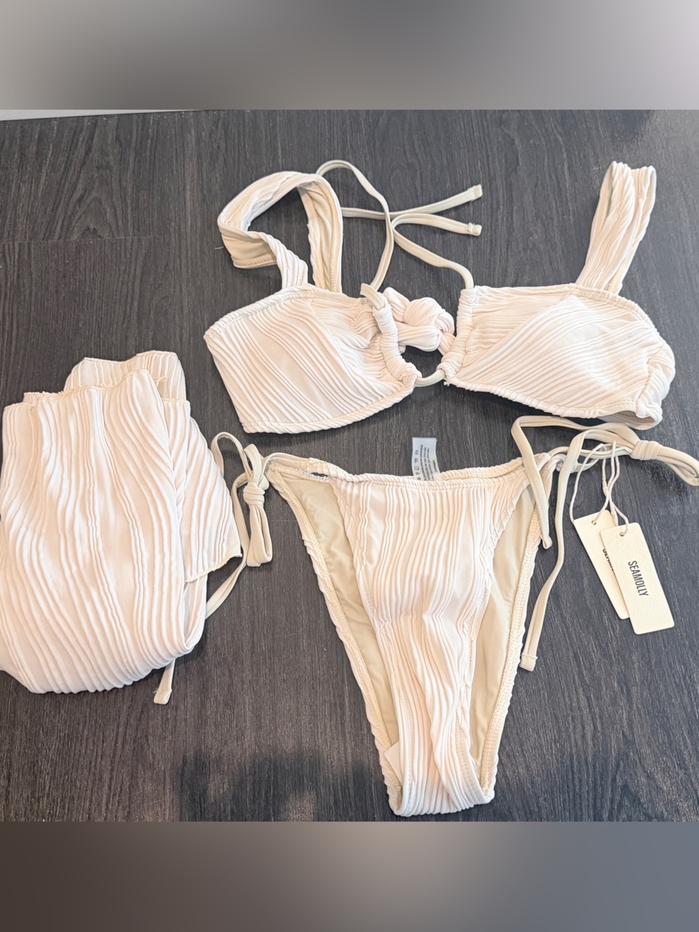 Seamolly Textured String Bikini Set in Cream with beach sarong skirt